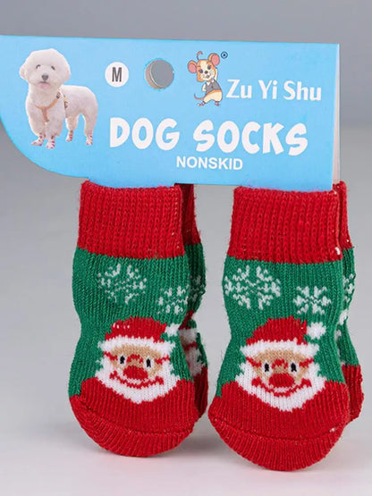 🧦 Festive Knitted Pet Socks – Set of 4 Anti-Slip Booties