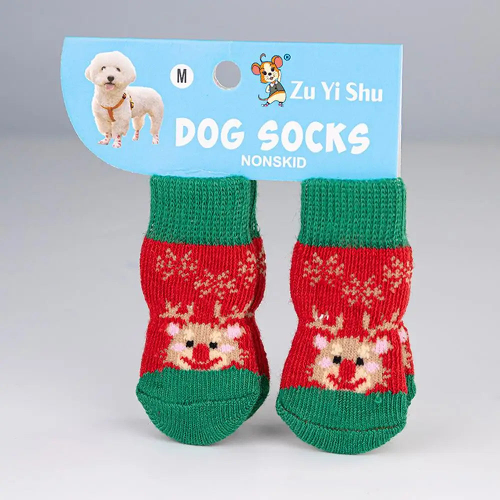 🧦 Festive Knitted Pet Socks – Set of 4 Anti-Slip Booties