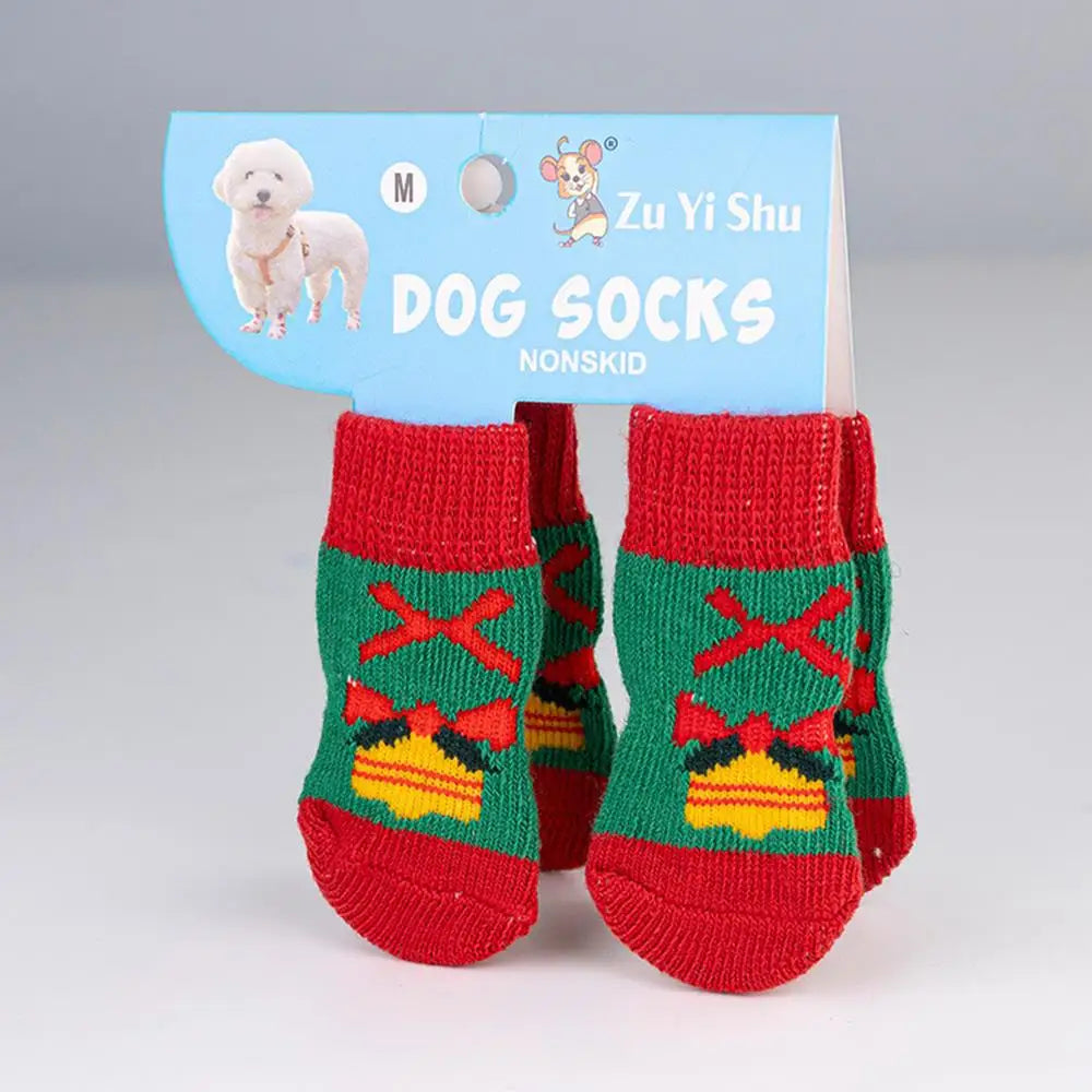🧦 Festive Knitted Pet Socks – Set of 4 Anti-Slip Booties