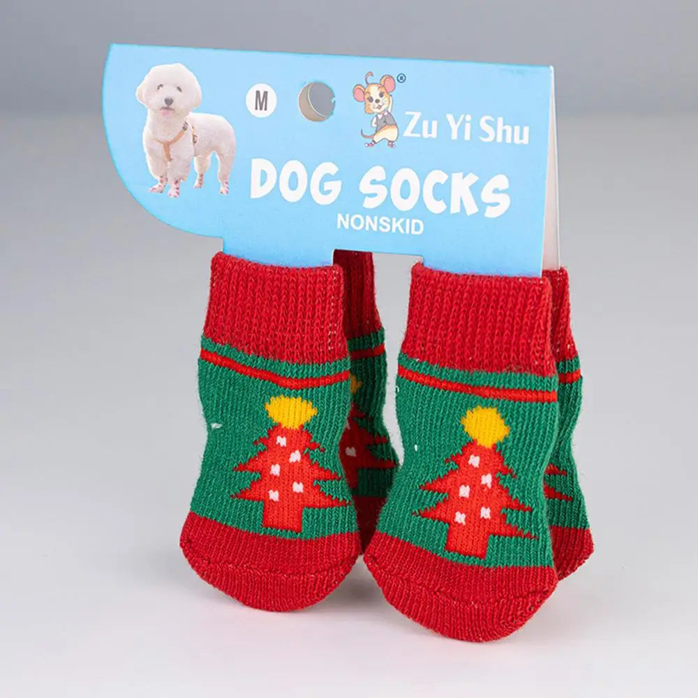 🧦 Festive Knitted Pet Socks – Set of 4 Anti-Slip Booties