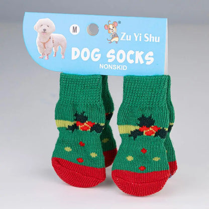 🧦 Festive Knitted Pet Socks – Set of 4 Anti-Slip Booties