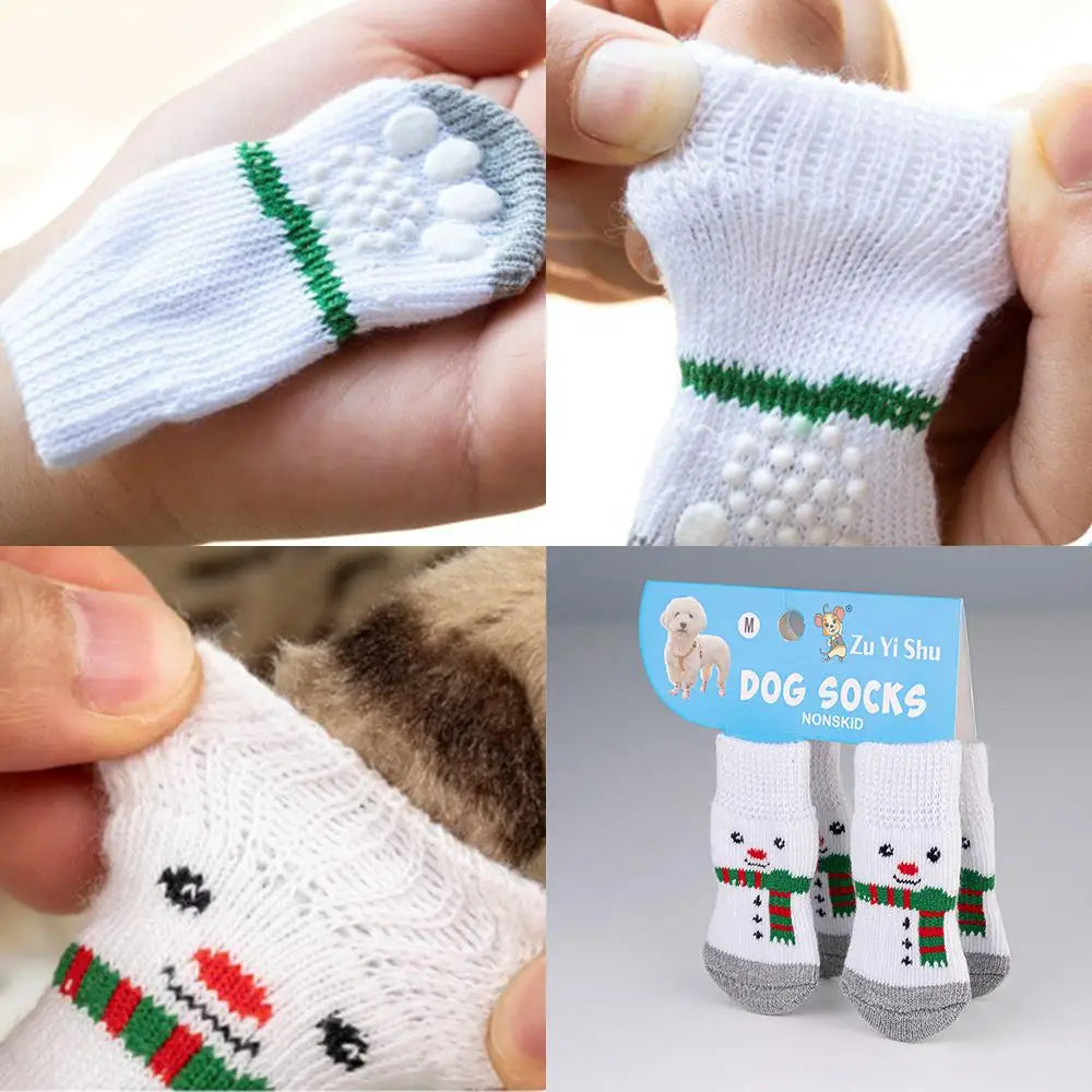 🧦 Festive Knitted Pet Socks – Set of 4 Anti-Slip Booties