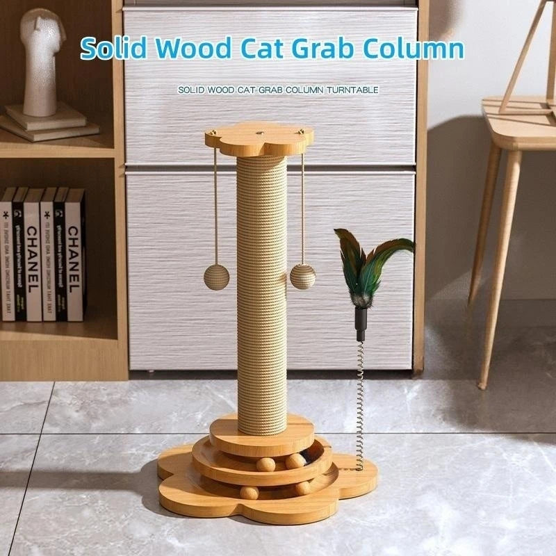 🪵 Solid Wood Cat Turntable & Sisal Scratcher – Interactive Play Column