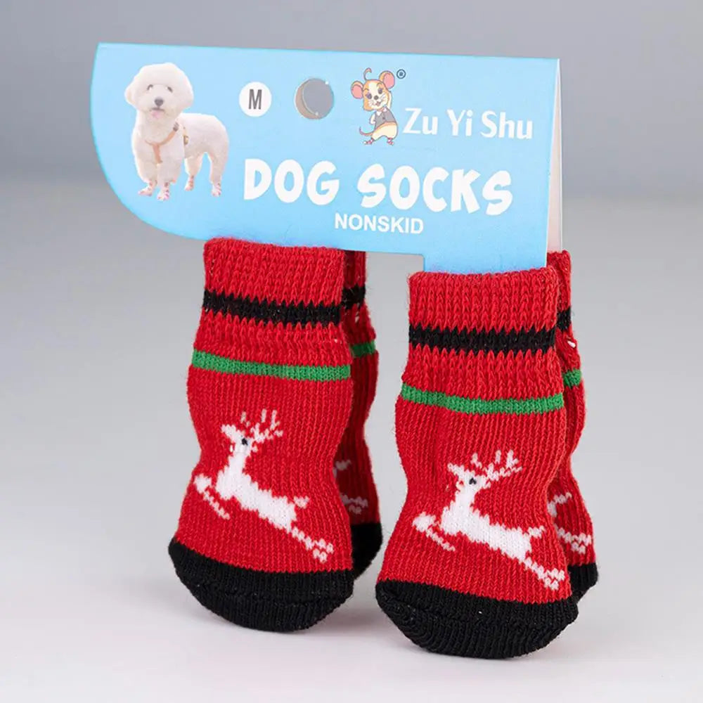 🧦 Festive Knitted Pet Socks – Set of 4 Anti-Slip Booties