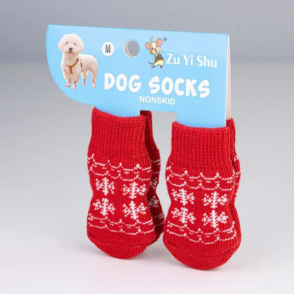 🧦 Festive Knitted Pet Socks – Set of 4 Anti-Slip Booties