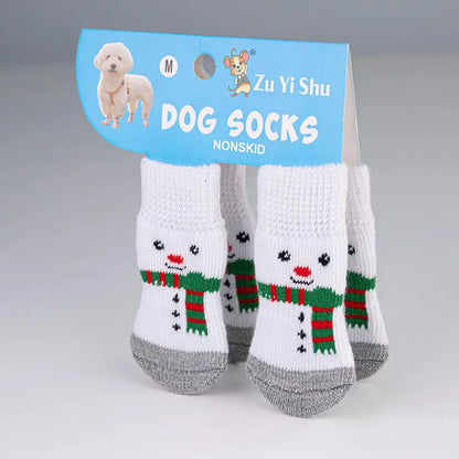 🧦 Festive Knitted Pet Socks – Set of 4 Anti-Slip Booties