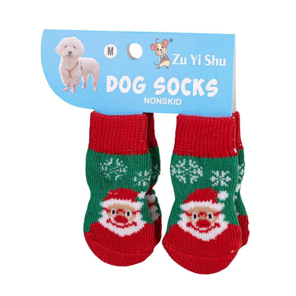 🧦 Festive Knitted Pet Socks – Set of 4 Anti-Slip Booties